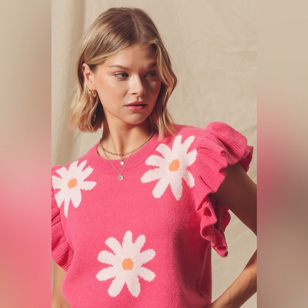 So Me Fuchsia Daisy Flower Sweater Top With Flutter Sleeves - Picture 3 of 4